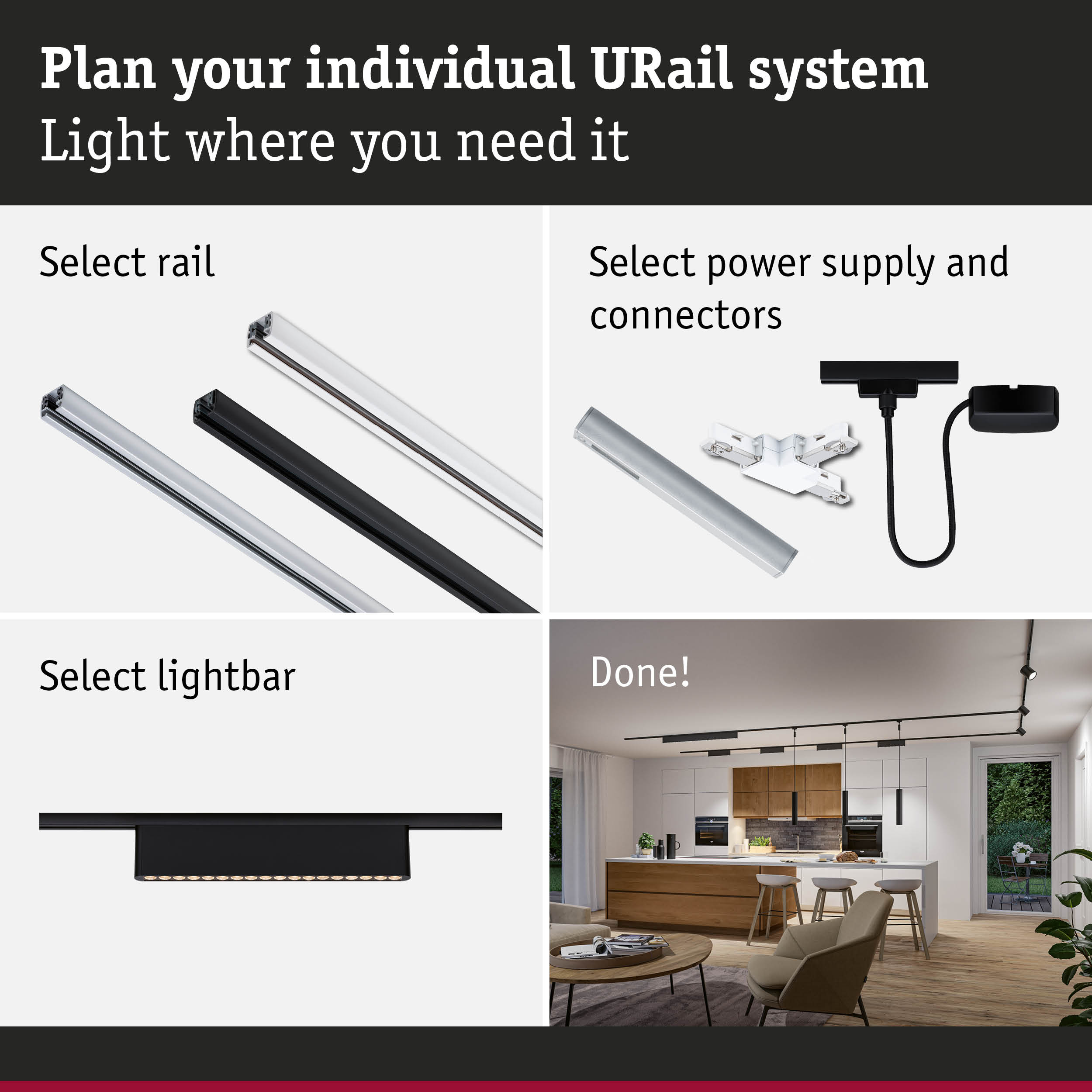 Modular URail aluminium rail system in black and white for customizable LED lighting solutions.