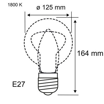 Technische tekening van een E27 LED-lamp met 125 mm diameter en 164 mm hoogte, kleurtemperatuur 1800 K.