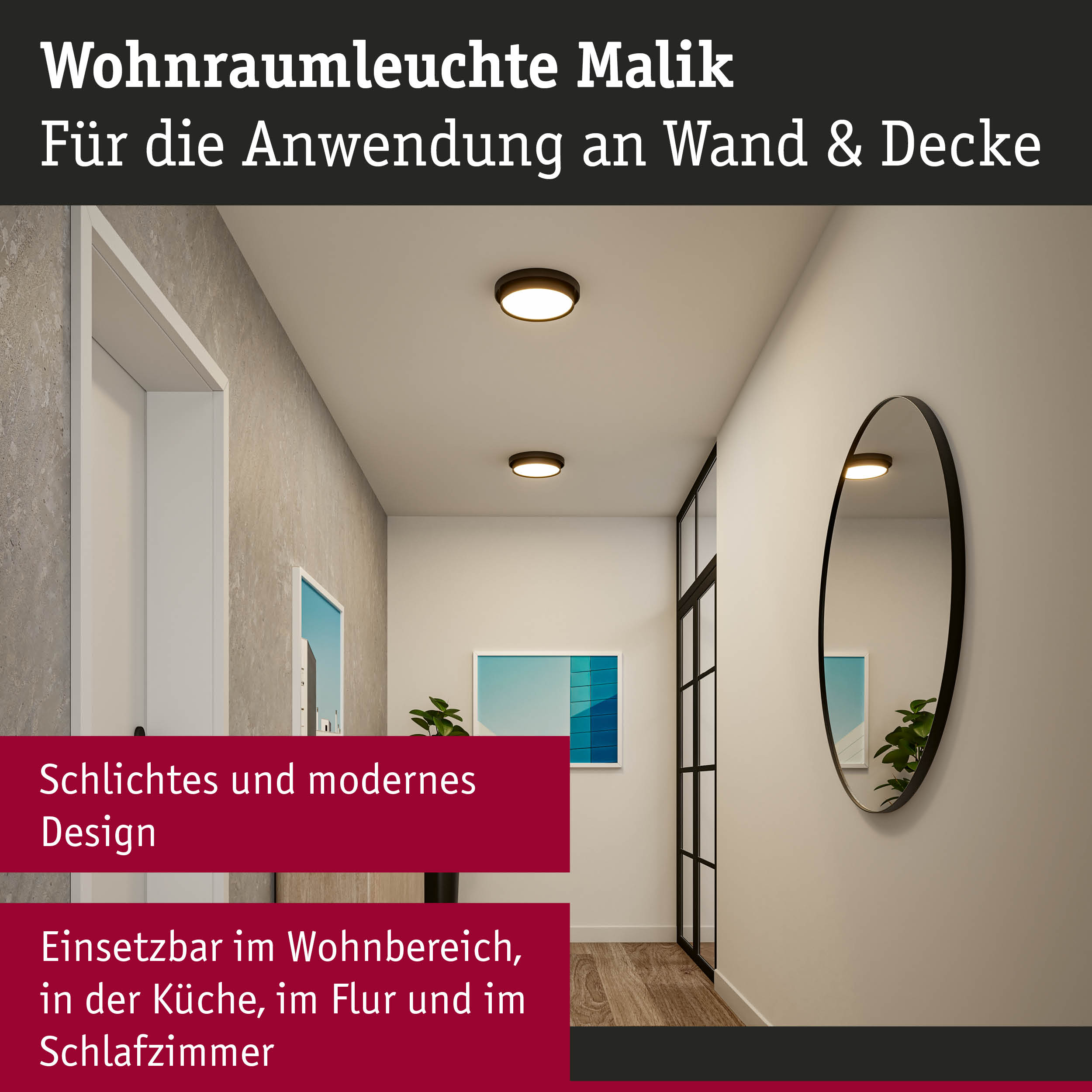 Wohnraumleuchte Malik mit schwarzem Rahmen und warmweißem Licht für Wand und Decke im modernen Design