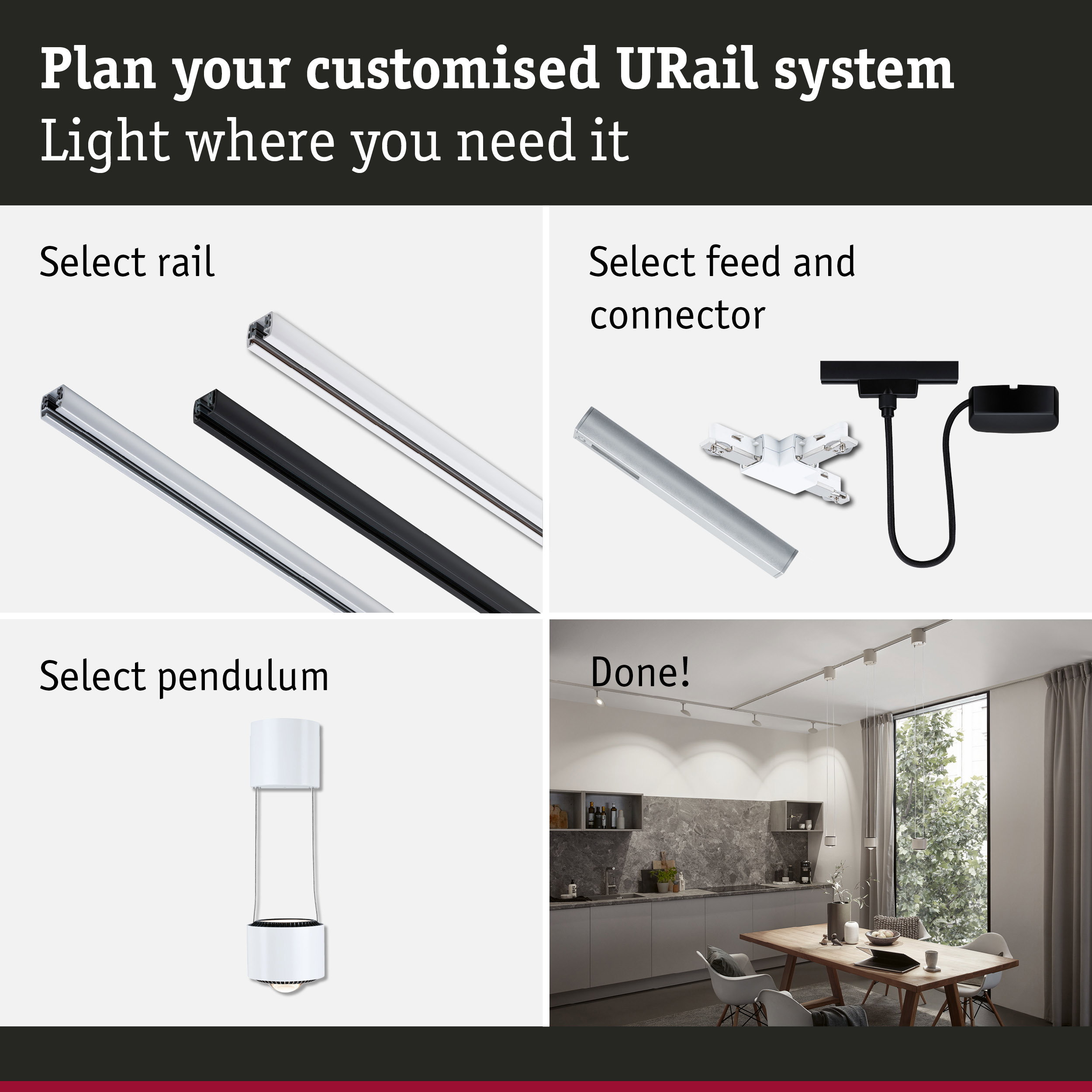 Modular URail track system with aluminium rails in black, white and silver for flexible lighting setup.