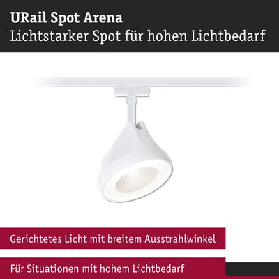 Weißer URail Spot Arena LED-Strahler mit breitem Abstrahlwinkel für hohen Lichtbedarf