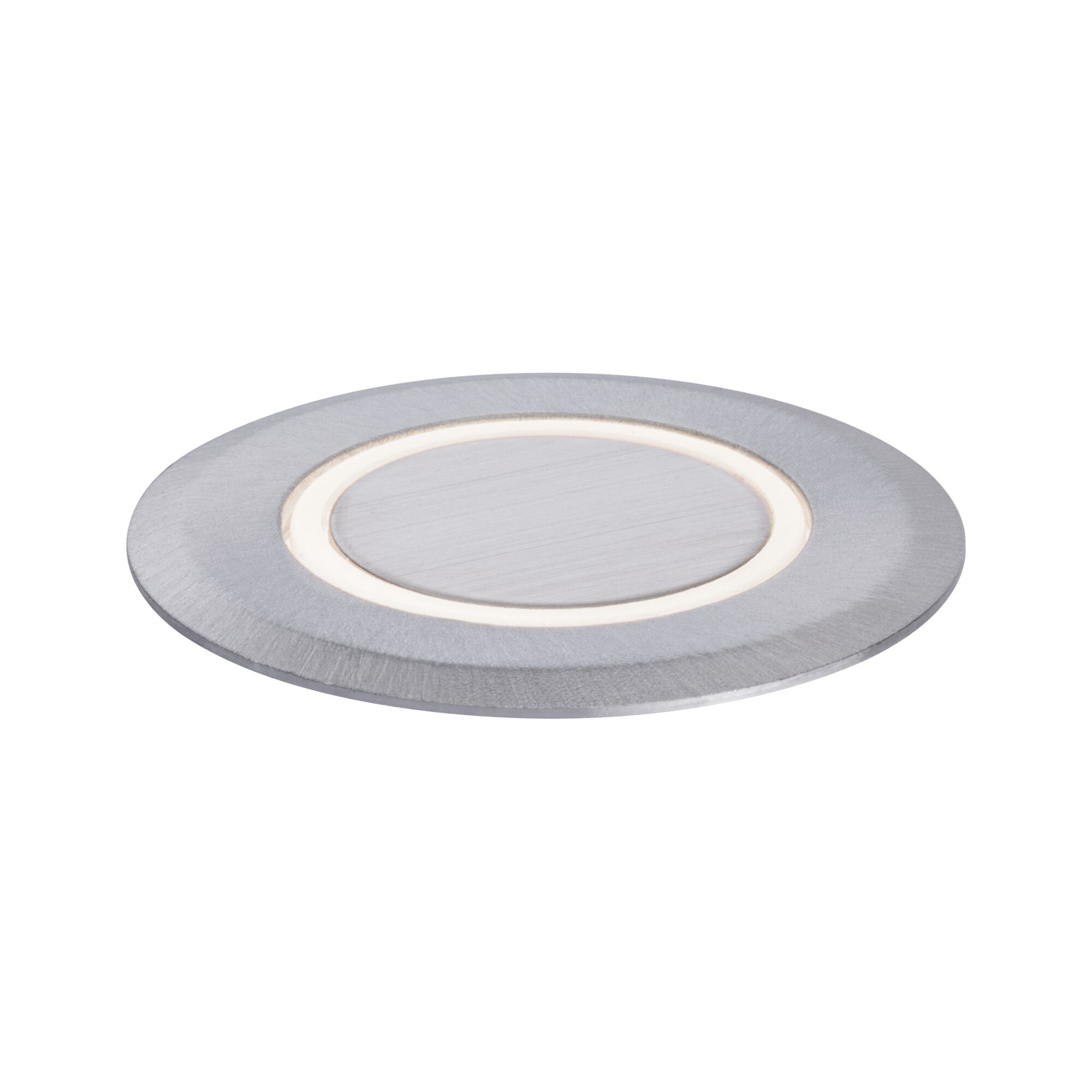 Round LED recessed light in brushed silver aluminum with warm white light for home lighting