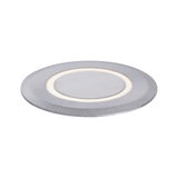 Round LED recessed light panel in brushed silver aluminium with warm white illumination