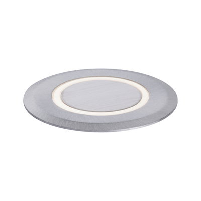 Round LED recessed light panel in brushed silver aluminium with warm white illumination