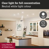 Modern kitchen illuminated by neutral white LED ceiling lights offering clear light and 25000 hours lifespan