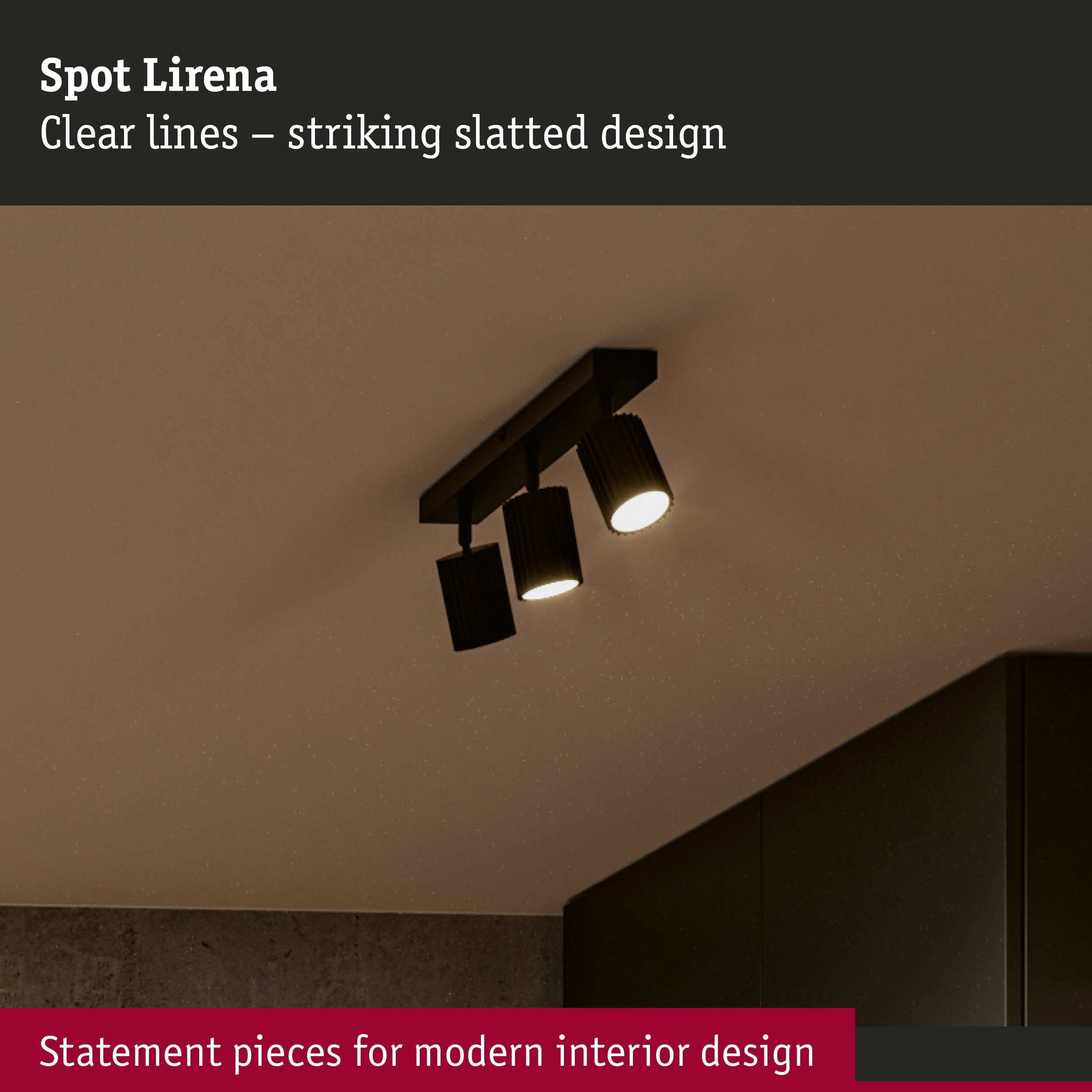 Black ceiling spotlight Spot Lirena with clear lines and striking slatted design for modern interiors