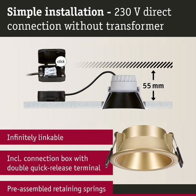 Gold recessed spotlight with 55 mm depth and connection box for 230 V direct wiring without transformer