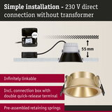 Gold recessed spotlight with 55 mm depth and connection box for 230 V direct wiring without transformer