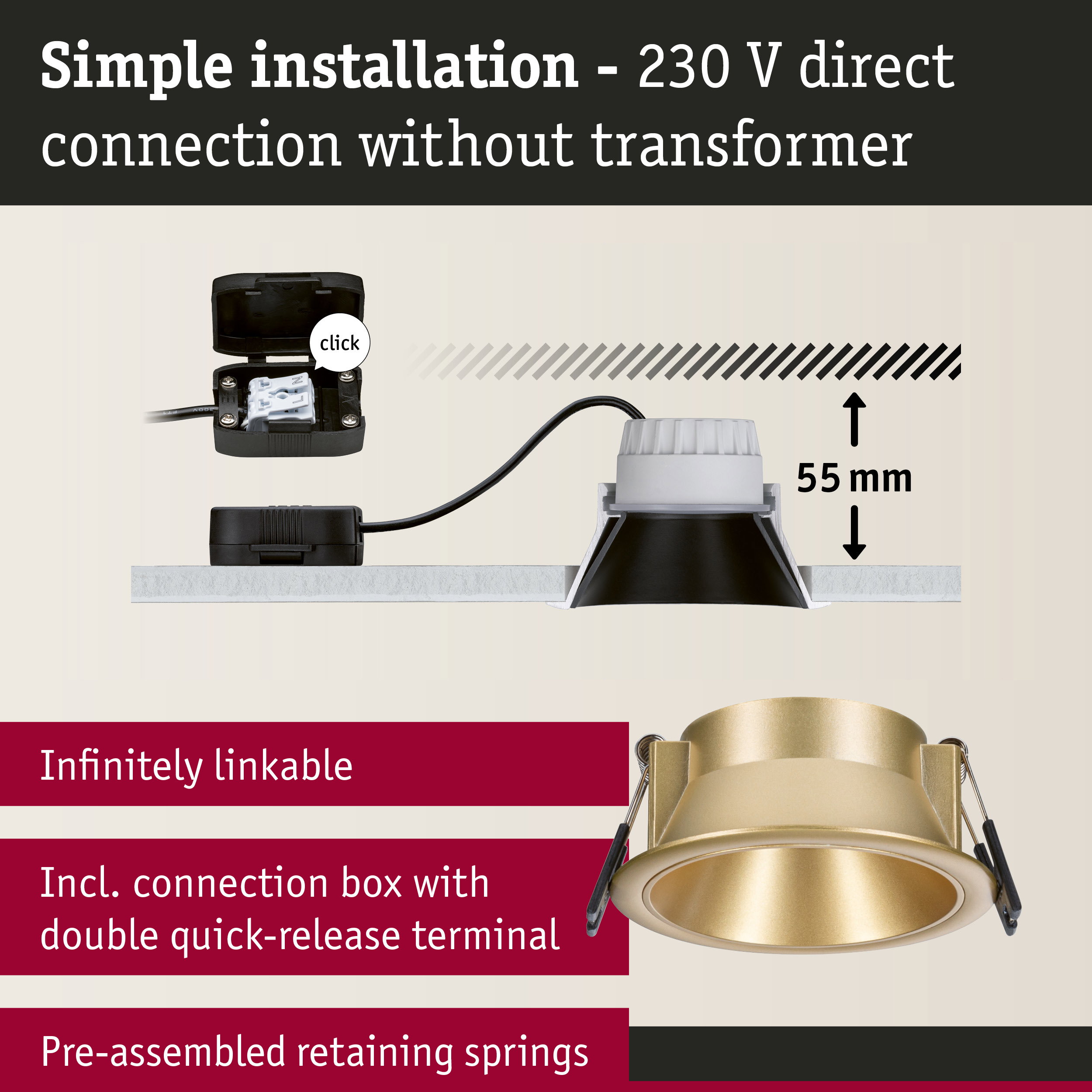 Gold recessed spotlight with simple 230 V direct connection box and pre-assembled retaining springs