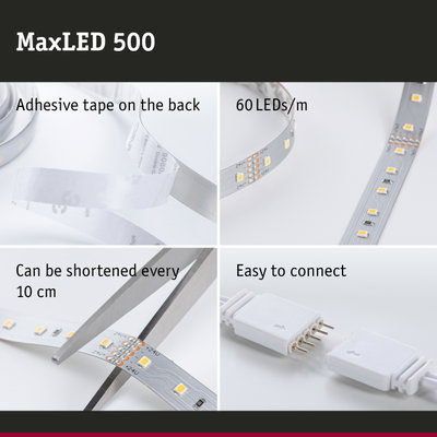 MaxLED 500 LED strip with 60 LEDs per meter, adhesive backing, cuttable every 10 cm, easy to connect