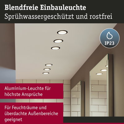 Blendfreie Aluminium-Einbauleuchte in Weiß für Feuchträume und überdachte Außenbereiche mit IP23 Schutz