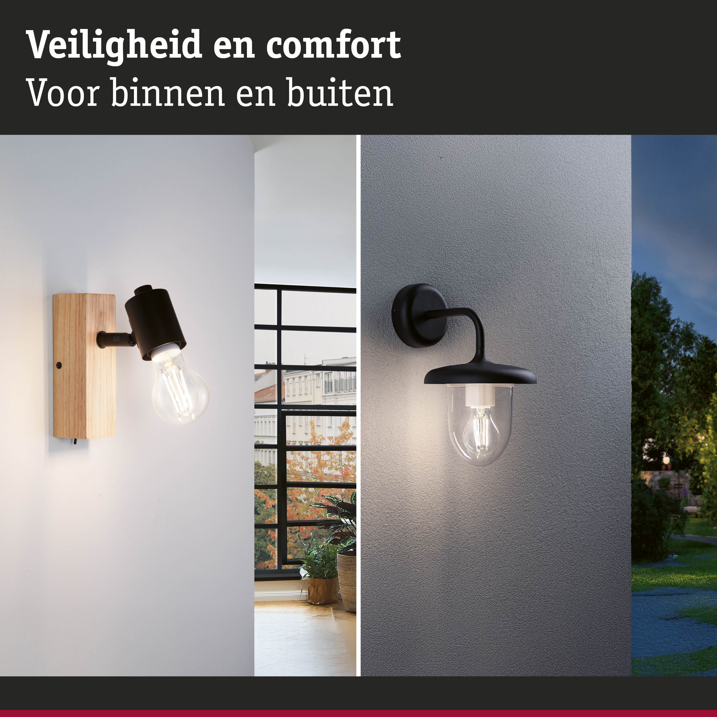 Moderne zwarte wandspot met houten basis voor binnen- en buitengebruik, energiezuinige LED-verlichting