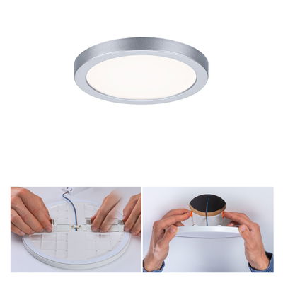 Rundes LED-Deckenpanel in Silber mit weißem Licht, Montage mit Federn an der Decke, moderne LED-Leuchte