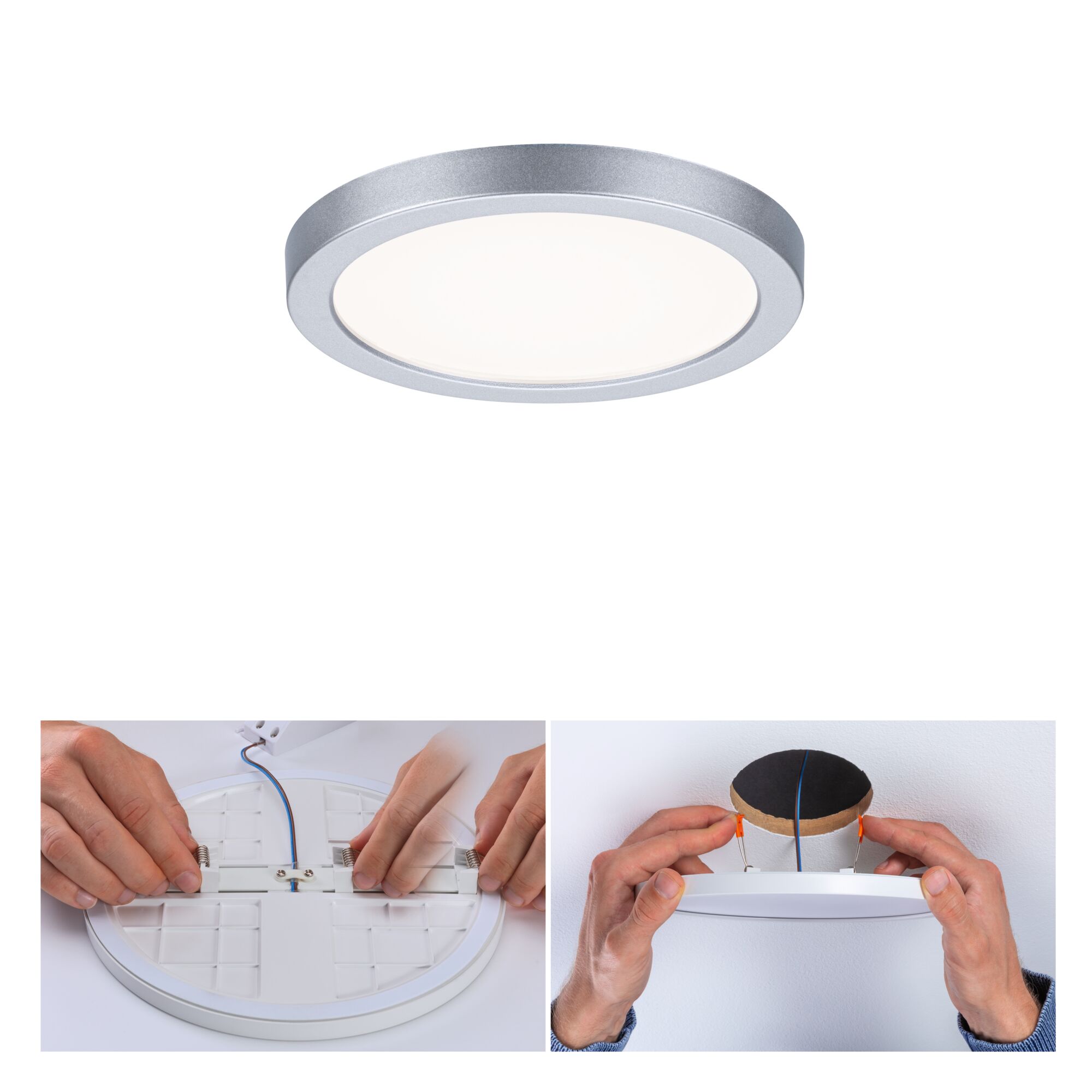 VariFit LED-inbouwpaneel Areo IP44 rond 118mm 6,5W 500lm 4000K Chroom mat Ronde LED-plafondlamp met zilverkleurige aluminiumrand en witte diffuser voor moderne binnenverlichting