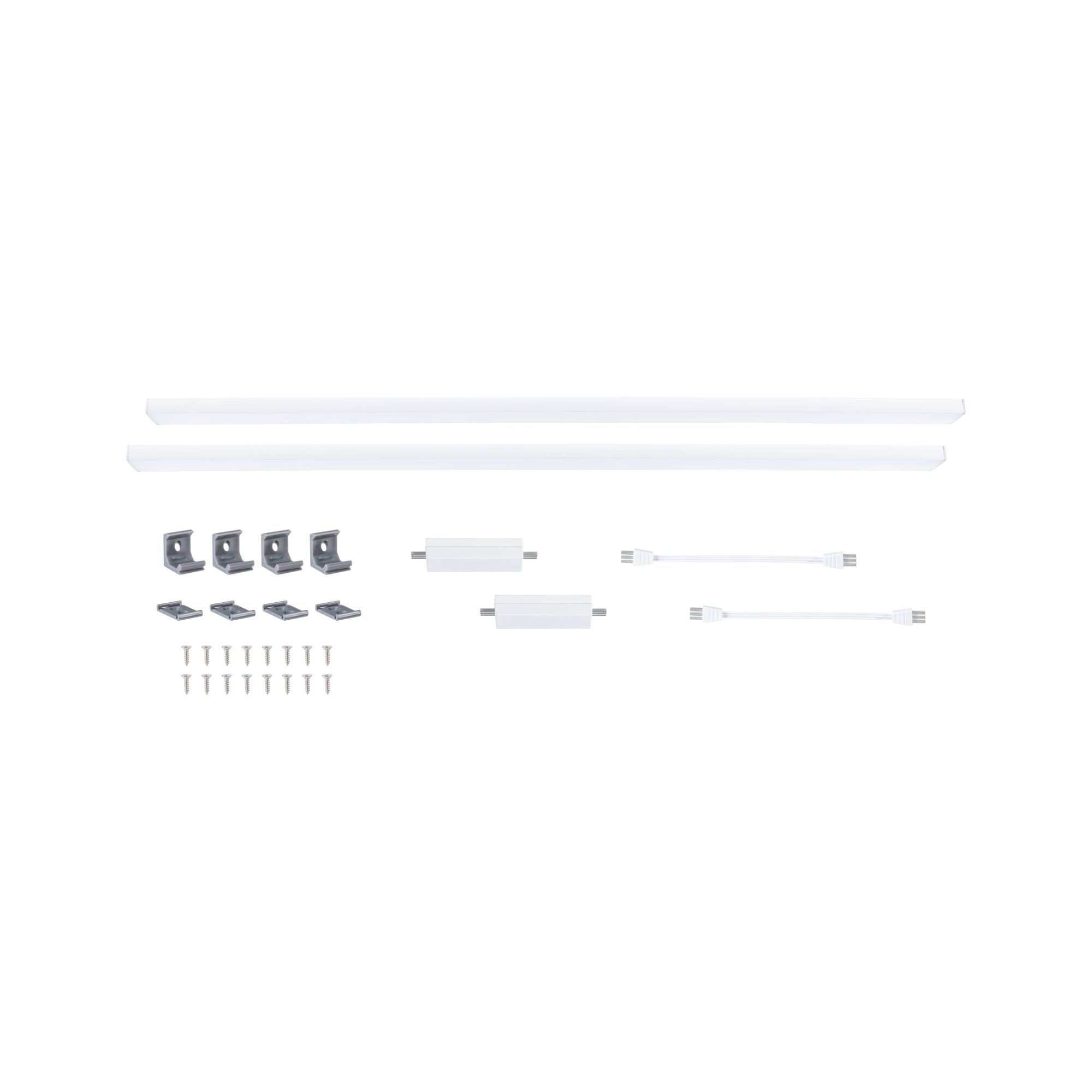 To hvide LED-strips med monteringsclips, stikforbindelser og skruer til fleksibel belysning