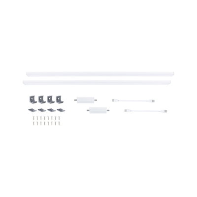 To hvide LED-strips med monteringsclips, stikforbindelser og skruer til fleksibel belysning