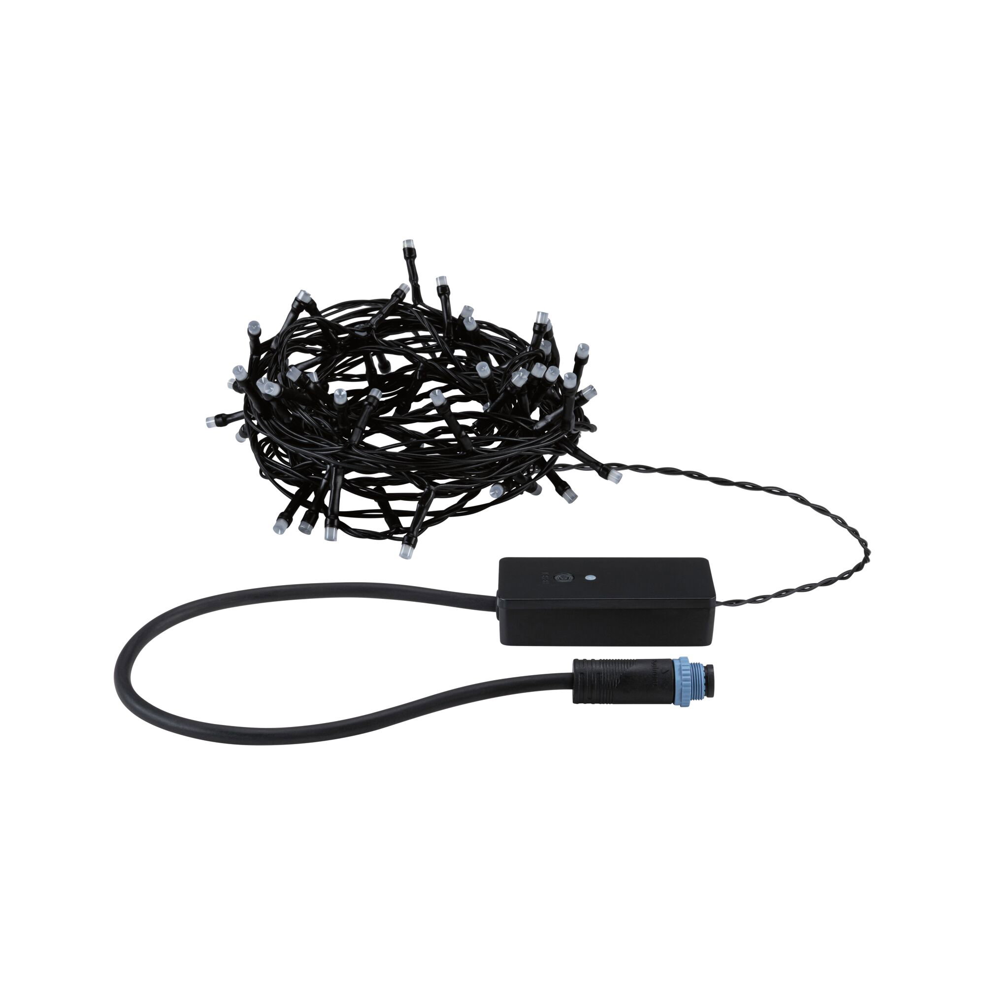 Schwarze LED-Lichterkette mit Steuerbox und Anschlusskabel für Außenbeleuchtung und Dekoration