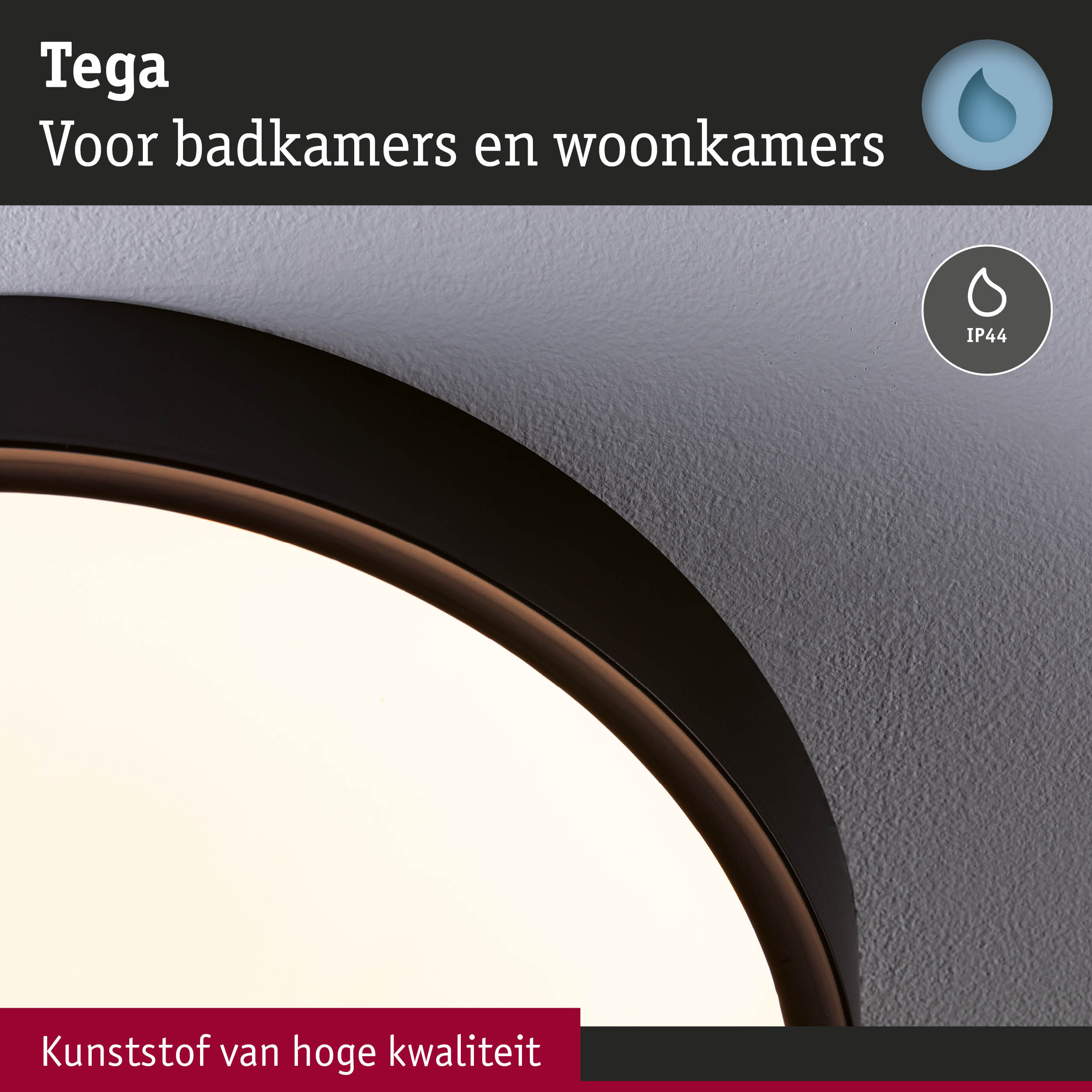 Close-up van hoogwaardige kunststof lamp met IP44 bescherming voor badkamer en woonkamer