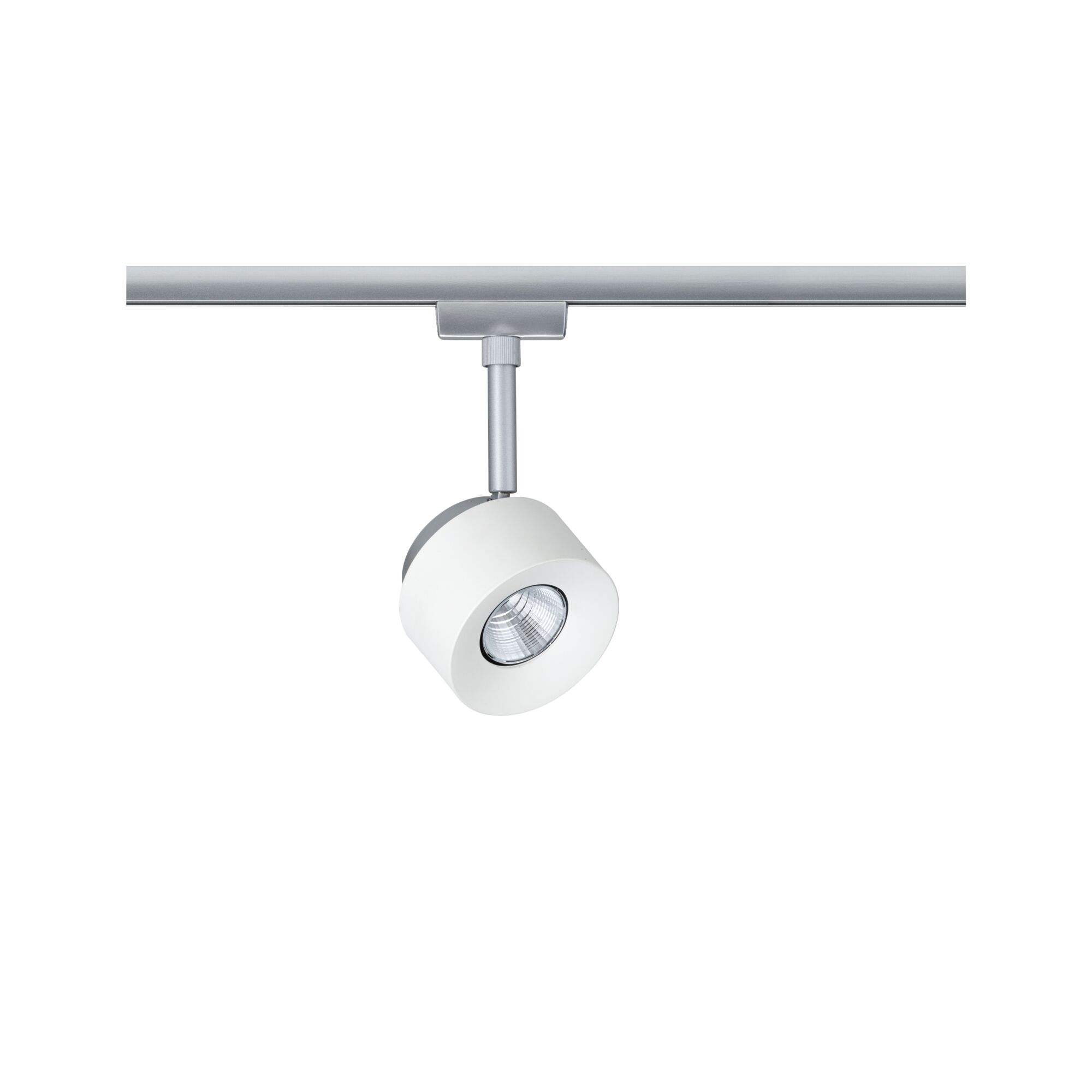 Moderner weißer LED-Strahler aus Metall an silberner Schiene für flexible Raumbeleuchtung