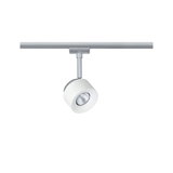 Moderner weißer LED-Strahler aus Metall an silberner Schiene für flexible Raumbeleuchtung