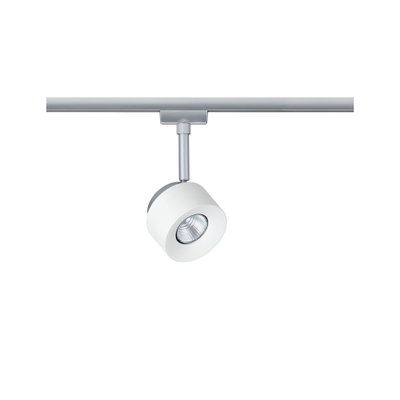 Moderner weißer LED-Strahler aus Metall an silberner Schiene für flexible Raumbeleuchtung