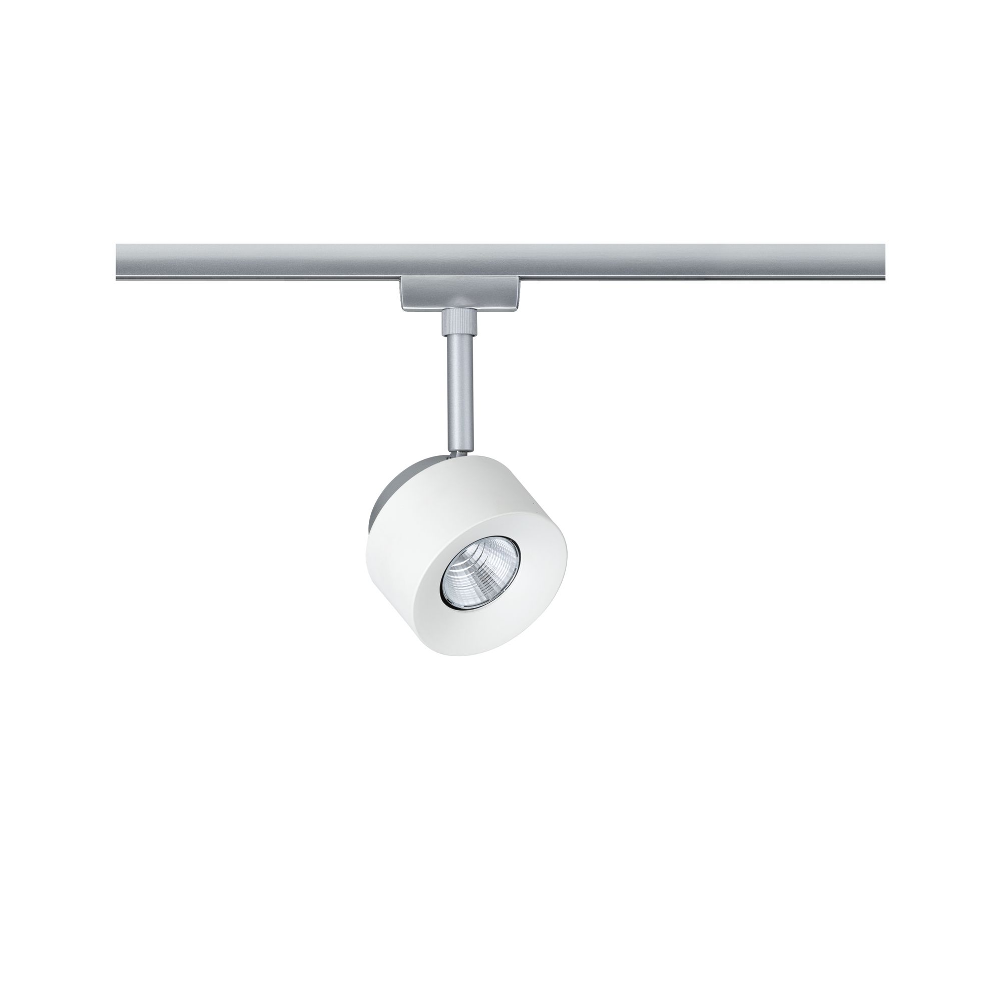 Moderner weißer LED-Strahler aus Metall an silberner Schiene für flexible Raumbeleuchtung