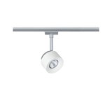 Moderner weißer LED-Strahler aus Metall an silberner Schiene für flexible Raumbeleuchtung