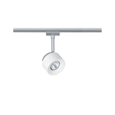 Moderner weißer LED-Strahler aus Metall an silberner Schiene für flexible Raumbeleuchtung