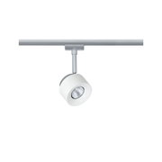 Moderner weißer LED-Strahler aus Metall an silberner Schiene für flexible Raumbeleuchtung