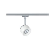 Moderner weißer LED-Strahler aus Metall an silberner Schiene für flexible Raumbeleuchtung