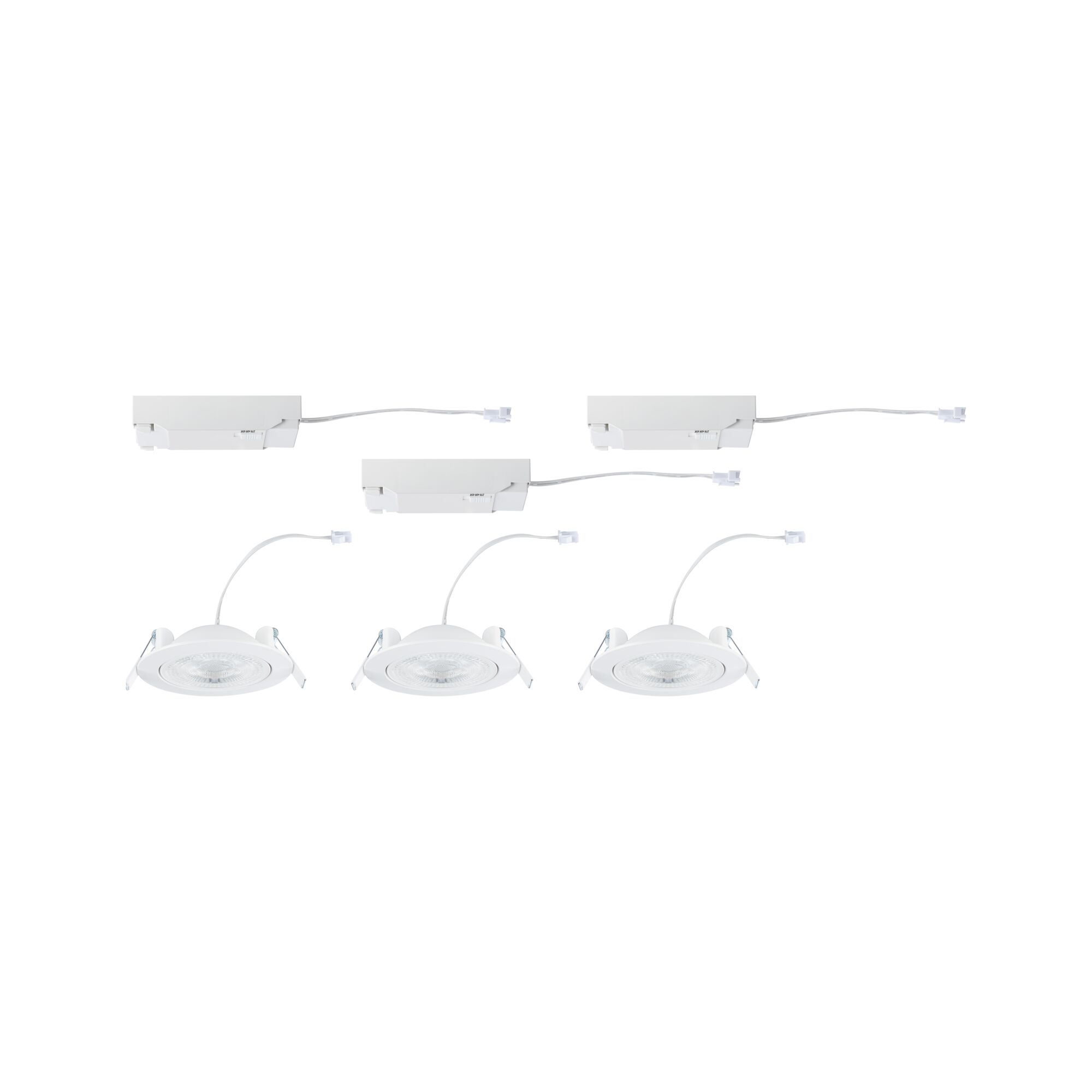Three white LED recessed spotlights with matching white drivers for energy-efficient room lighting