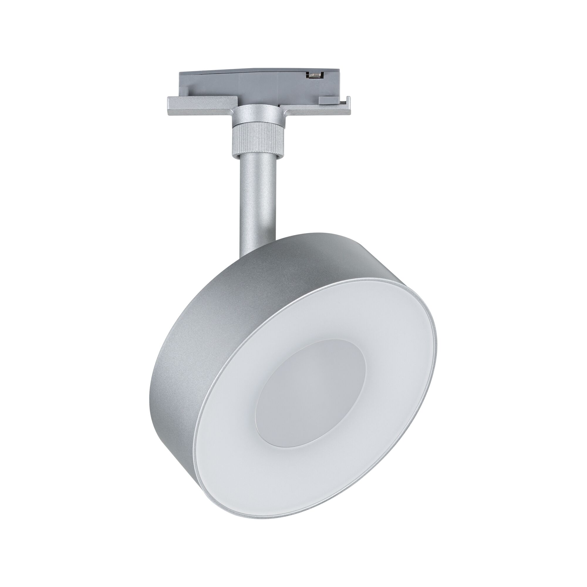 Modern silver metal LED ceiling spotlight with round diffuser for accent lighting