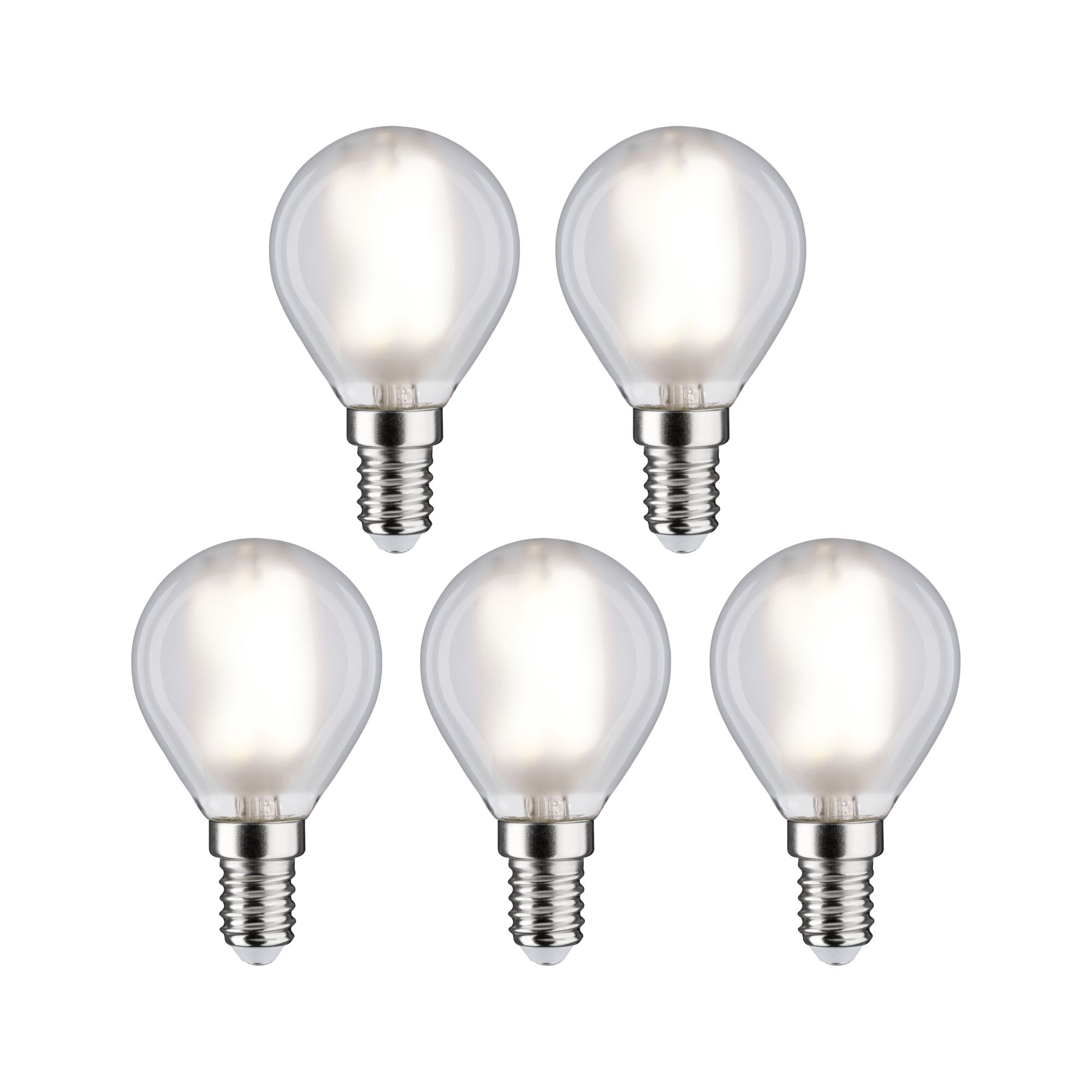 Fünf klare LED-Leuchtmittel mit E14-Fassung und warmweißem Licht für energiesparende Beleuchtung.