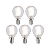 Fünf klare LED-Leuchtmittel mit E14-Fassung und warmweißem Licht für energiesparende Beleuchtung.