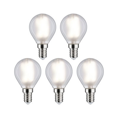 Fünf klare LED-Leuchtmittel mit E14-Fassung und warmweißem Licht für energiesparende Beleuchtung.