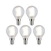 Fünf klare LED-Leuchtmittel mit E14-Fassung und warmweißem Licht für energiesparende Beleuchtung.