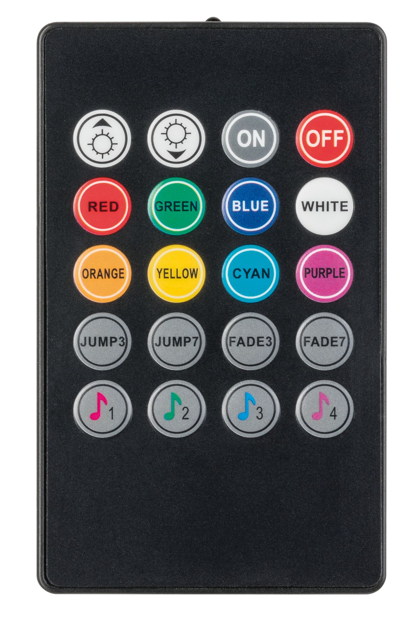 Black remote control with colorful buttons for LED lighting color and music mode adjustments.