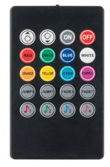 Télécommande noire avec boutons colorés pour réglage des couleurs et modes musique LED.