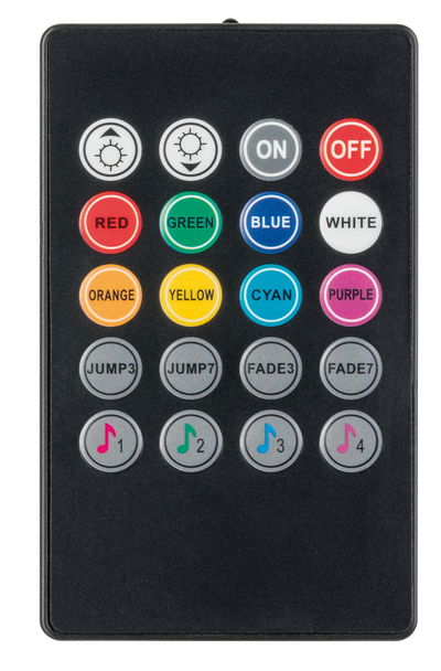 Télécommande noire avec boutons colorés pour réglage des couleurs et modes musique LED.