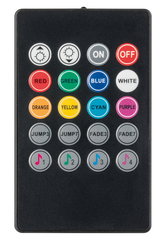 Black remote control with colorful buttons for LED lighting color and music mode adjustments.