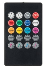 Télécommande noire avec boutons colorés pour réglage des couleurs et modes musique LED.
