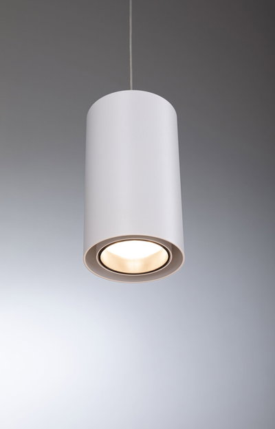 Moderner weißer Zylinder-Pendelleuchter aus Metall mit warmweißem LED-Licht für Wohnräume