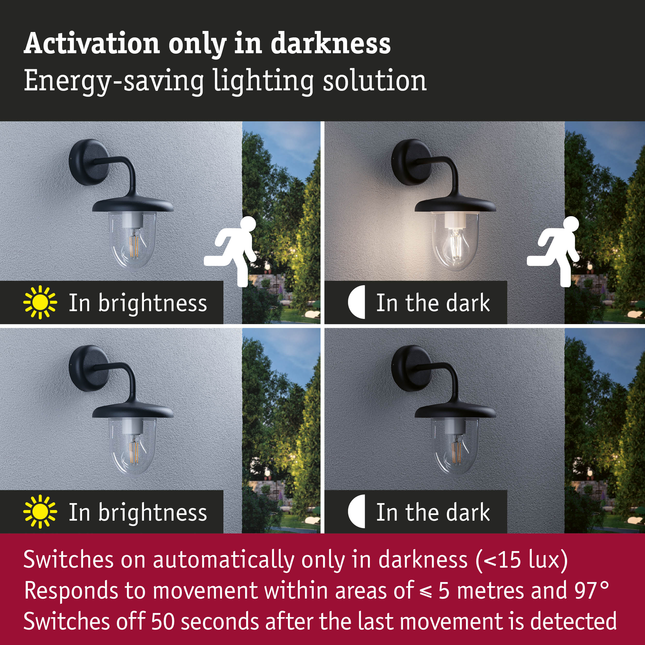 Black outdoor wall light with motion sensor and automatic activation in darkness for energy-saving lighting