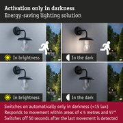 Black outdoor wall light with motion sensor and automatic activation in darkness for energy-saving lighting