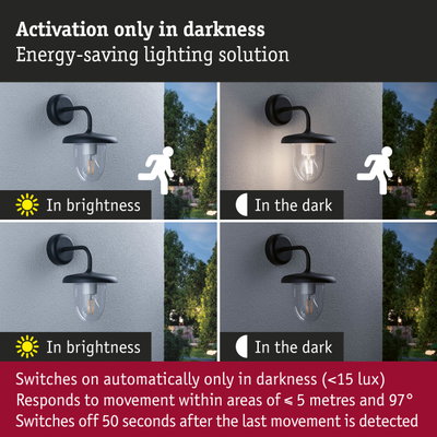 Black outdoor wall light with motion sensor and automatic activation in darkness for energy-saving lighting