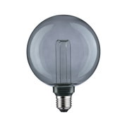 Runde Glühbirne mit grauem Glas und sichtbarem Filament, energiesparende LED-Lampe.