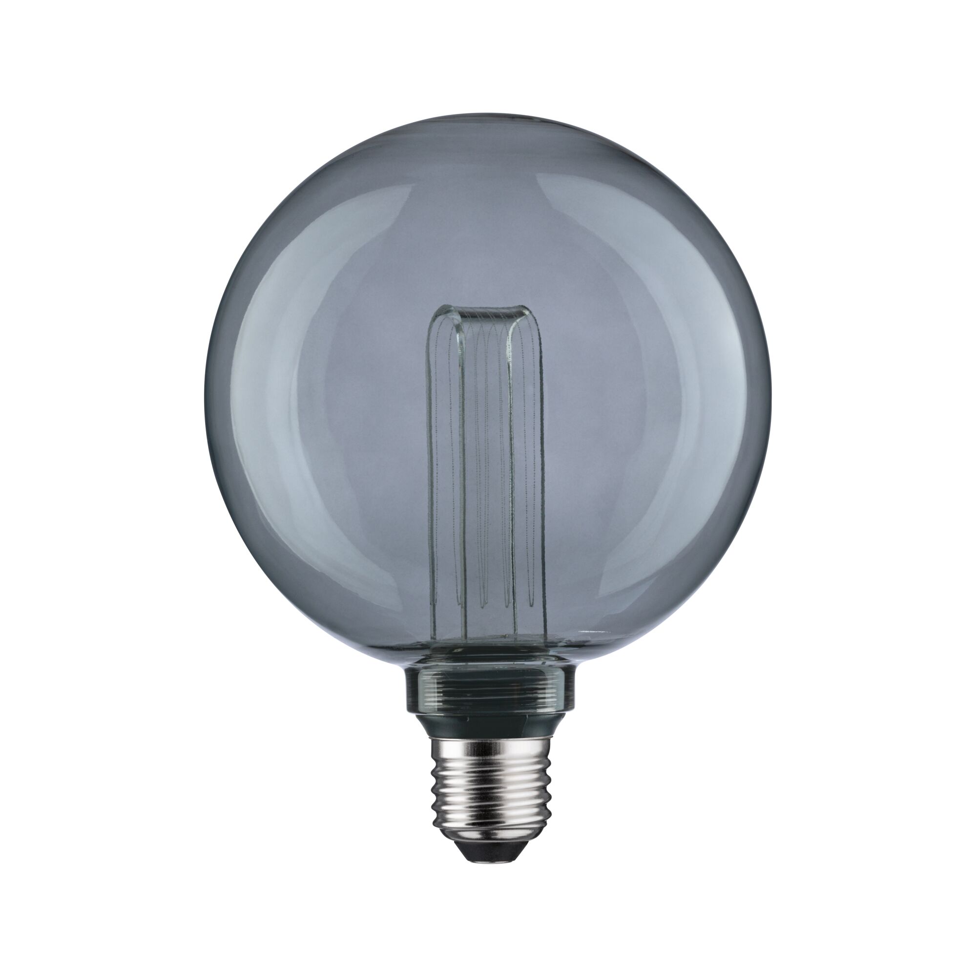 Runde Glühbirne mit grauem Glas und sichtbarem Filament, energiesparende LED-Lampe.