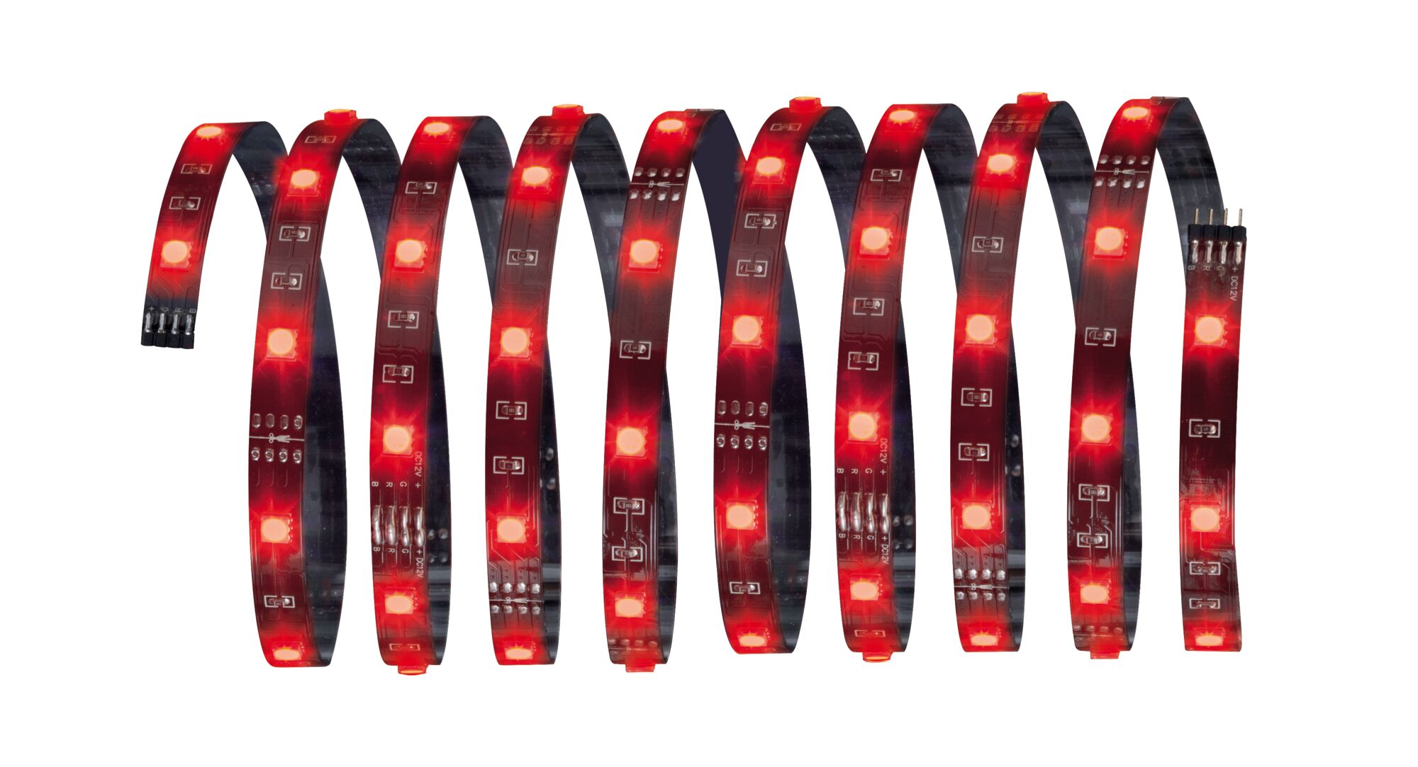 Bande LED flexible avec lumières rouges sur ruban noir pour éclairage décoratif.
