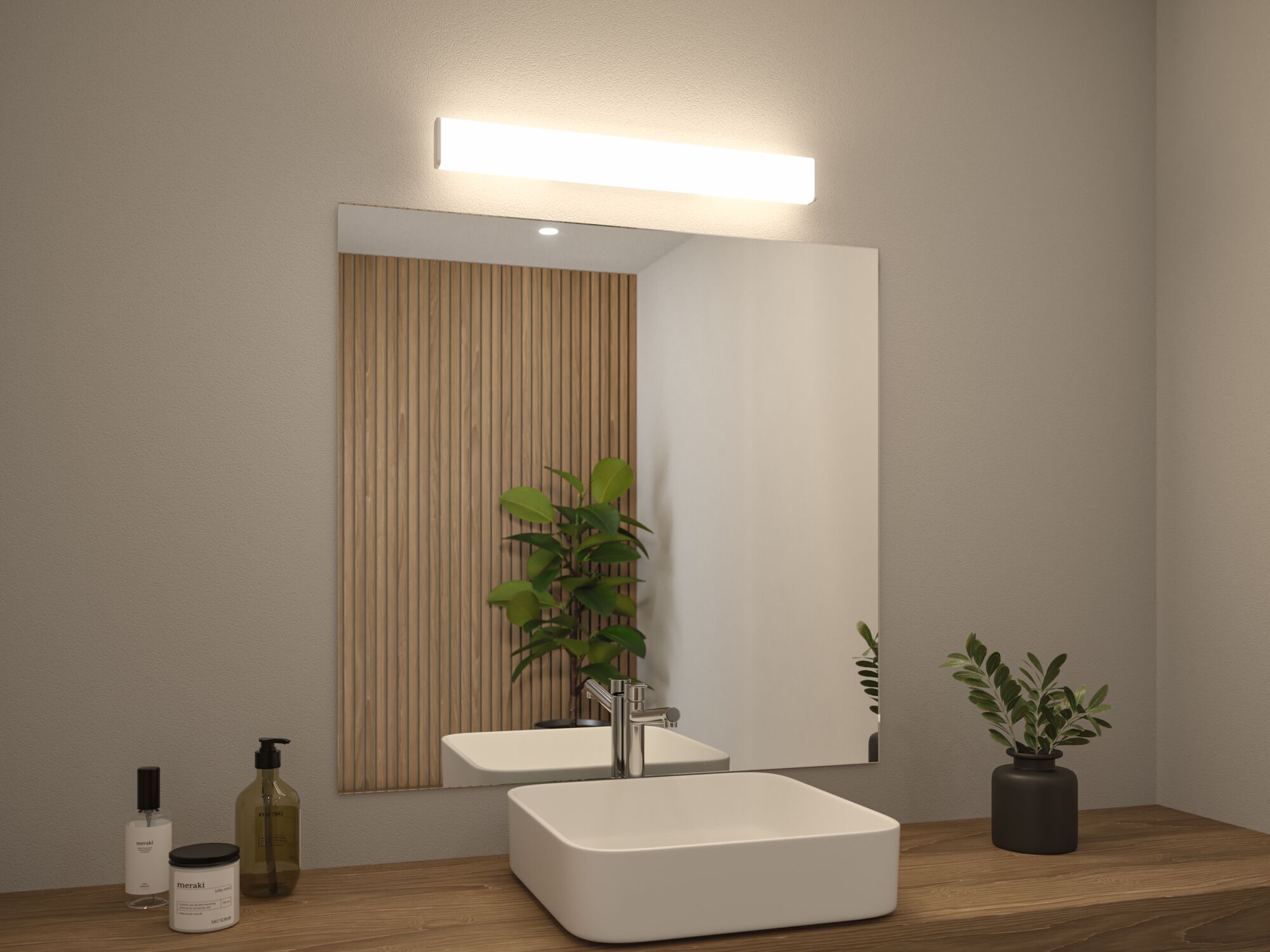 Salle de bain moderne avec vasque rectangulaire blanche en céramique et éclairage LED au-dessus du miroir