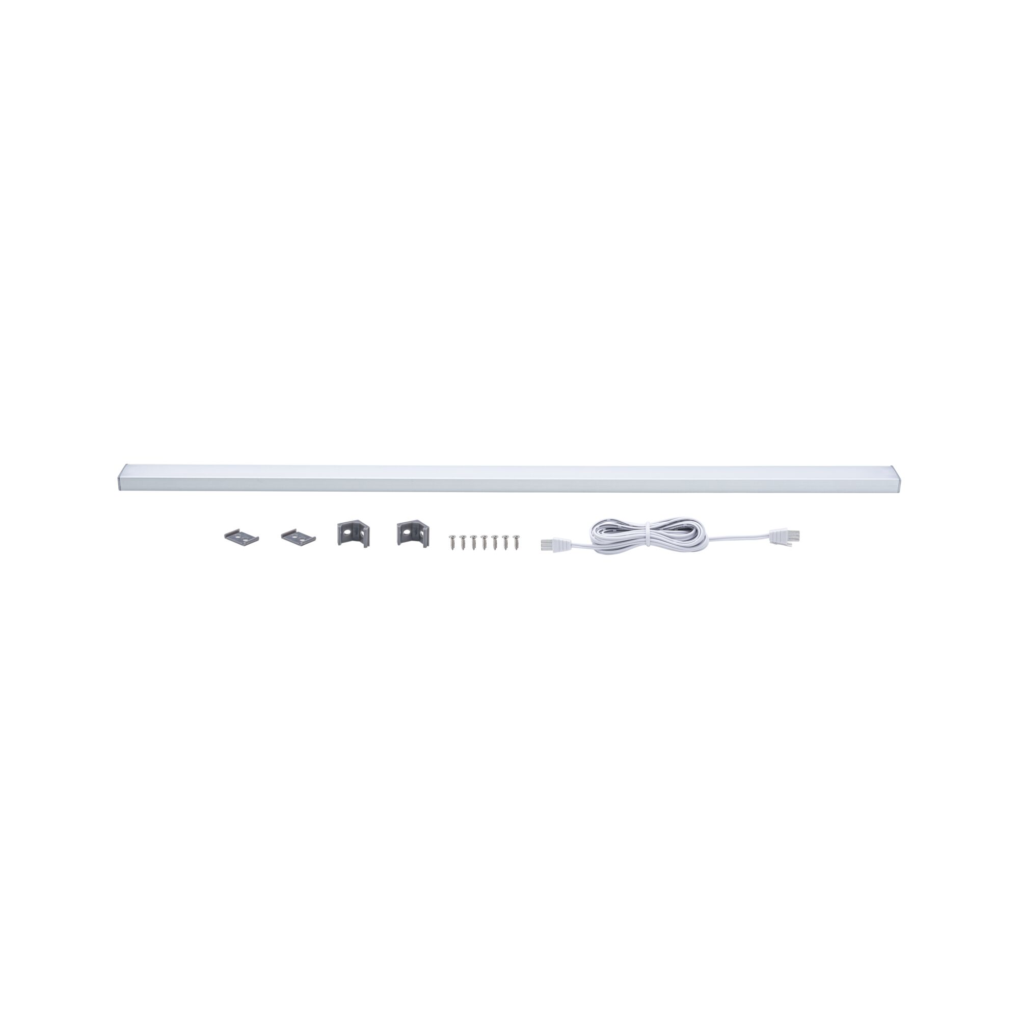 White LED strip with mounting clips, screws, and connection cable for versatile lighting setups